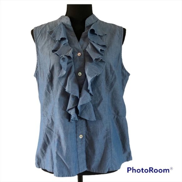 Womens Monteray Bay 100% Cotton button up ruffled sleeveless blouse size 12 - Picture 1 of 10